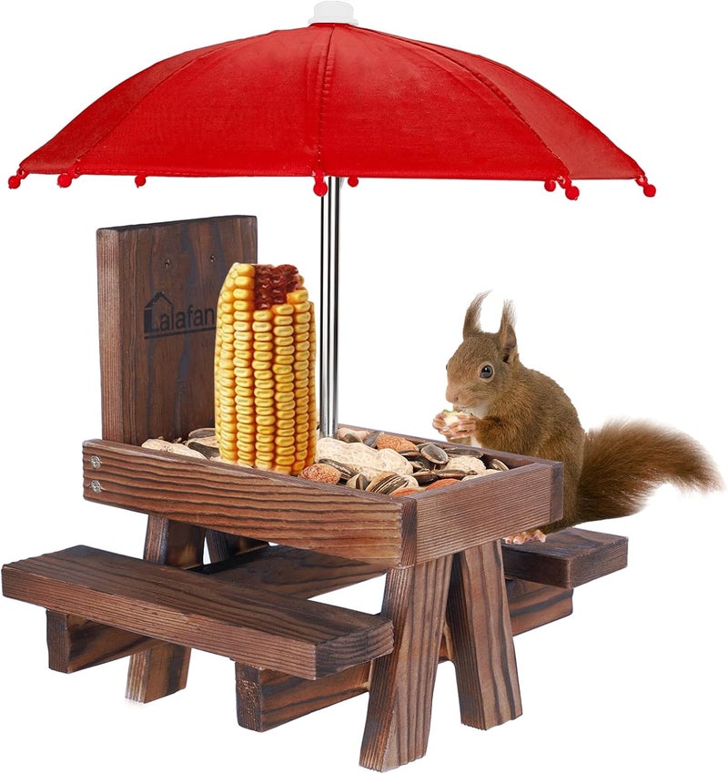 Lalafancy Squirrel Feeder Picnic Table with Umbrella, Carbonized Wood Squirrel Feeder for Outside Funny Chipmunk Feeder with Corn Cob Holder Structure Solid for Squirrel Gift - Image 1